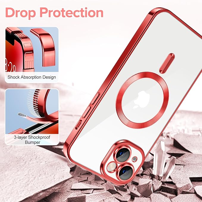 Hython Magnetic Clear for iPhone 14 Plus Case with Camera Lens Protector [Compatible with MagSafe] Luxury Plating Edge Slim Soft TPU Cover Protective Phone Case for iPhone 14 Plus 6.7", Red
