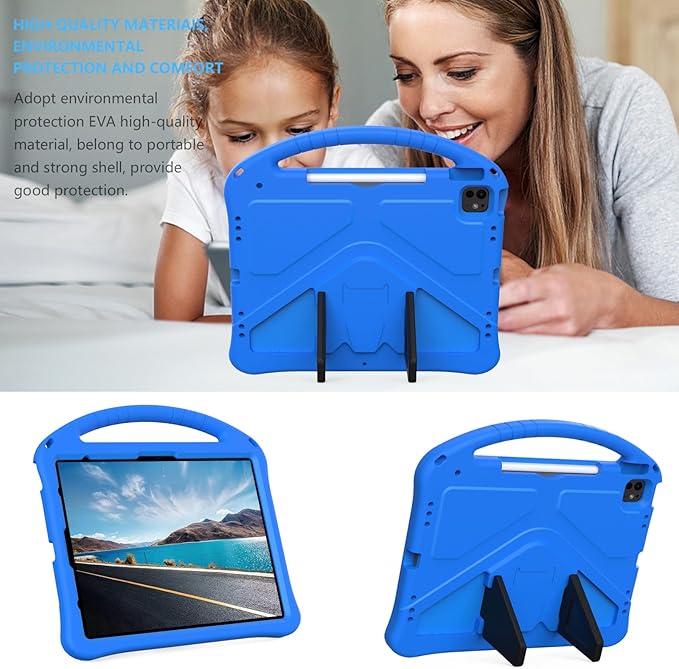 Kids Case for iPad Pro 13" M5 M4/Air 13" 2026 2025 2024, iPad Pro 12.9 2018-2022 Cover with Pencil Holder, Techcircle Lightweight Shockproof EVA Foam Handle Stand Anti-Slip Grip Rugged Case, Blue