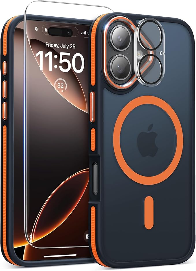 Magnetic 3 in 1 for iPhone 17 Case, [Omni-Directional Protection] with 1x Screen Protector + 1x Camera Cover, [Seamless Work with Magsafe] Translucent Protective Silm Phone Case for iPhone 17 Orange