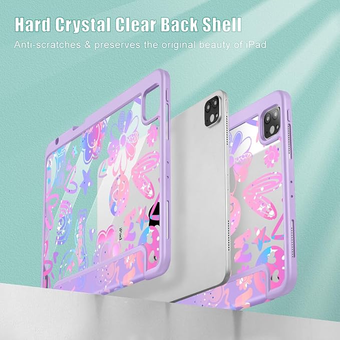 Tuiklol for iPad Pro 11 Inch 4th / 3rd / 2nd / 1st Gen (2022 2021 2020 2018) Case -Built-in Pencil Holder Shockproof Cover Clear Transparent Back Shell with Auto Wake/Sleep, Fun Emotions Purple