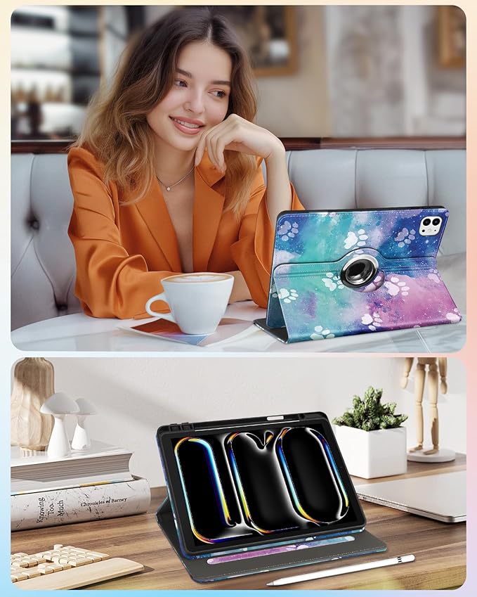 Kidcube for iPad Pro 13 Inch Case M4 2024 - Women Girls Cute Rotating Stand Folio Cover with Pencil Holder & Card Slot Kawaii Cartoon Cool Dog Design for iPad Pro 13 Inch Case 2024 (A2925 A2926 A3007)
