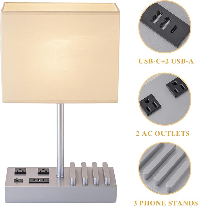 Briever Upgraded 3 USB Table Lamp with 2 USB A & C Charging Ports, Bedside Desk Lamp with 2 AC Outlets and Wooden Phone Stand Organizer, Nightstand Lamp for Bedroom, Living Room, Office, Silver Base