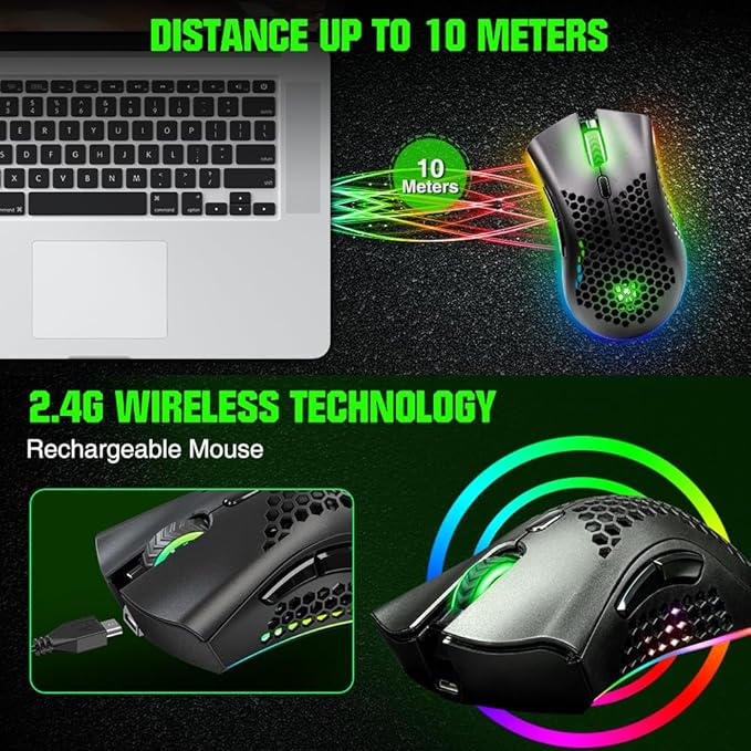 WolfLawS KM-1 Gaming Mouse, Wireless Mouse Gaming Computer Mice USB with Honeycomb Shell, 6 Programmed Buttons, 3 Adjustable DPI, Ergonomic RGB Optical Mouse for PC Mac Laptop