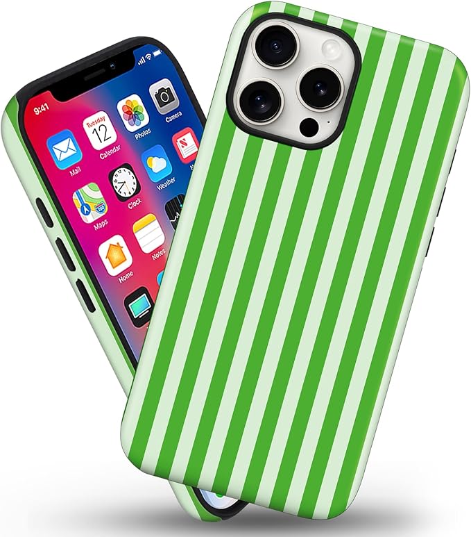 Magnetic for iPhone 13/14 Case Cute Stripes Phone Case, Shockproof Slim TPU and Hard PC Protective Phone Cover Compatible with MagSafe Designed for Women Girls, Deep Green