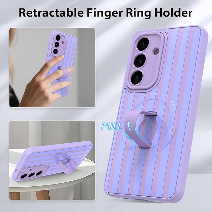 KANGHAR Compatible with Samsung Galaxy S26 Case, Support for MagSafe, Silicone Stripes Cute Pattern, Wristband Kickstand Camera Protection Soft Slim Cover for Girls Women -Purple