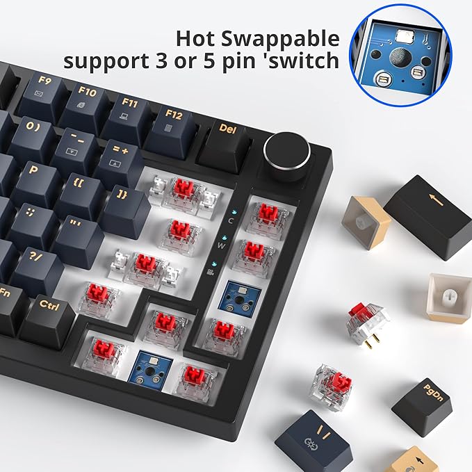 BlueSamurai 75% Wired Mechanical Gaming Keyboard - Hot Swappable, Red Switch, RGB Backlit 82 Keys TKL Mechanical Keyboard with Volume Control Knob