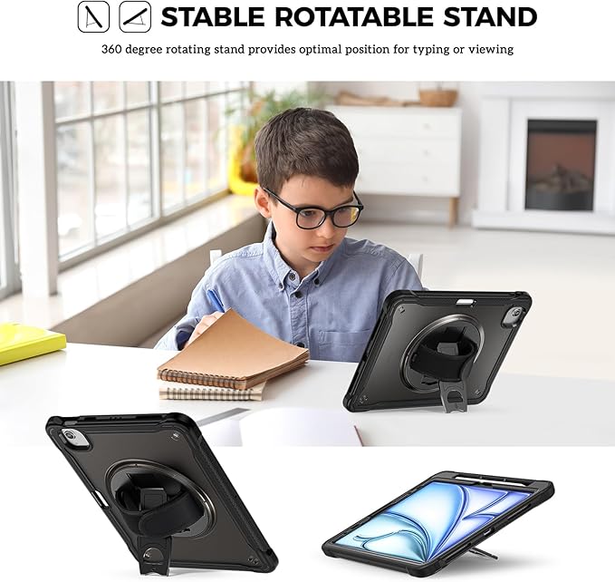 ProCase for iPad Air 11-inch M4 2026/ M3 2025/ M2 2024/ Air 5th / 4th Gen 10.9"/ iPad Pro 11" 4th/3rd/2nd/1st Gen, Heavy Duty Shockproof Cover with Hand Strap 360 Degree Rotatable Kickstand -Black