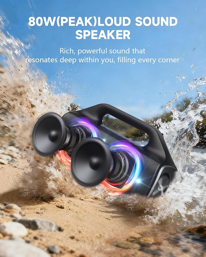 IPX67 Waterproof Bluetooth Speaker:80W(Peak) Loud Outdoor Portable Wireless Party Speakers with LED Lights,20H Playtime,Bluetooth 5.3,Deep Bass & TWS for Pool,Beach