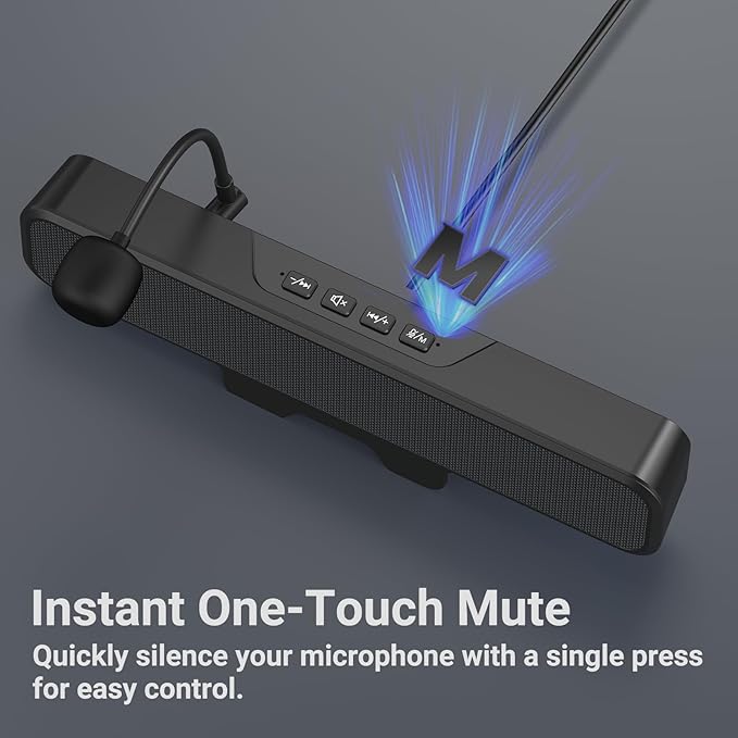 Computer Speakers with Microphone for Desktop PC, USB Monitor Speakers with Clip, Wired Laptop Sound Bar, Stereo & Bass, PC Speaker w/Mic for Meeting/Gaming/Online Learning, Easily Clamps to Monitor