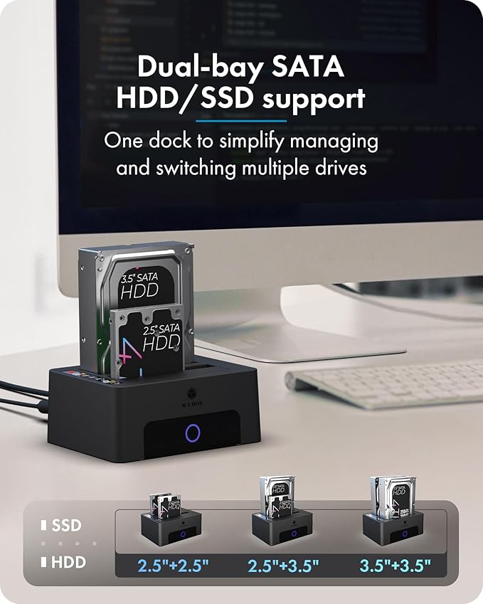 ICY BOX Hard Drive Docking Station Dual Bay USB 3.0 to SATA with Duplicator/Offline Clone Function External Hard Drive Dock for 2.5''/3.5'' HDD SSD Max Up to 60TB (30TB*2) Support UASP Plug&Play