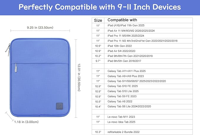 Dadanism 9-11 Inch Tablet Sleeve Padded Carrying Case for iPad (A16) 11th Gen 11", iPad 10th Gen 10.9", iPad Air M4/Pro M5 11", iPad Air 5/4, iPad 9/8/7th Gen, Galaxy Tab A11+ Plus 11", Periwinkle
