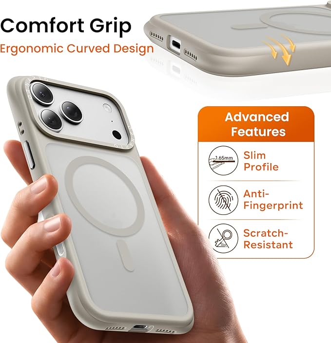 ORNARTO Magnetic for iPhone 17 Pro Max Case, 20FT Military-Grade Drop Protection, Compatible with MagSafe, Slim Shockproof Translucent Matte Phone Case for iPhone 17 Pro Max 6.9", Stone Gray