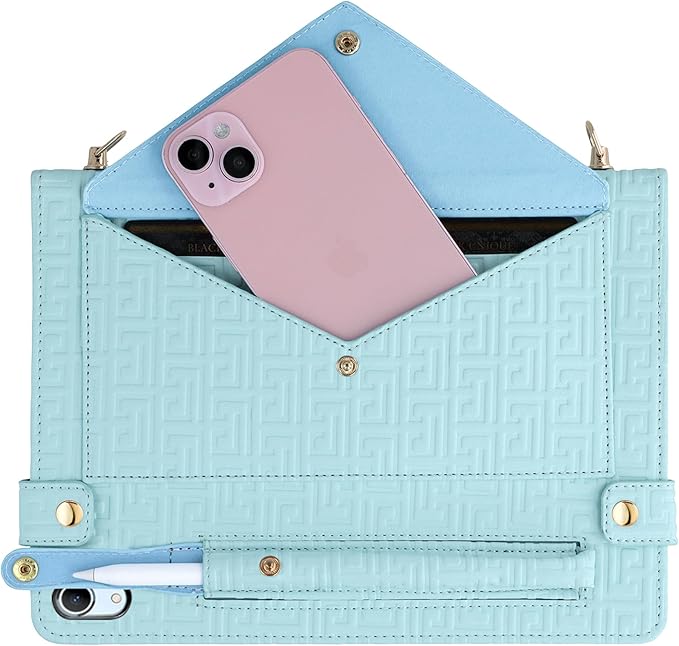 Handbag Case for iPad Mini 7 2024/Mini 6th Generation Case, Techcircle Elegant Crossbody PU Leather Folio Envelope Pocket Stand Cover with Hand Strap+Shoulder Strap+Pencil Holder+Card Slots, Baby Blue