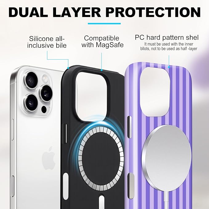 Magnetic for iPhone 11 Case Cute Stripes Phone Case, Shockproof Slim TPU and Hard PC Protective Phone Cover Compatible with MagSafe Designed for Women Girls, Light Purple