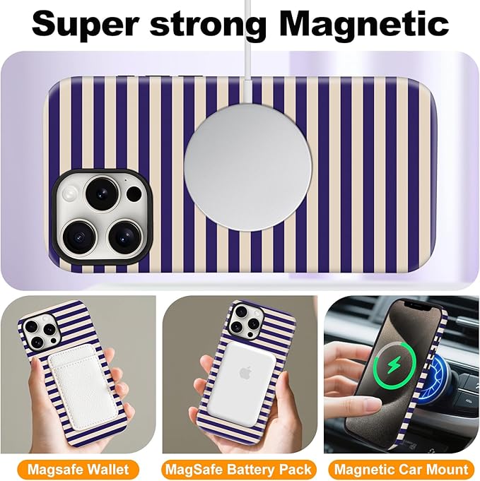 Magnetic for iPhone 15 Pro Case Cute Stripes Phone Case, Shockproof Slim TPU and Hard PC Protective Phone Cover Compatible with MagSafe Designed for Women Girls, Blue&Apricot