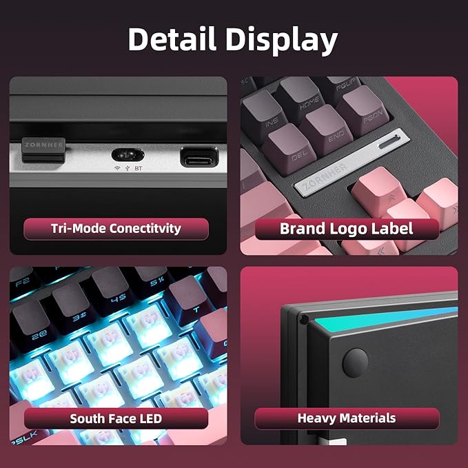 ZORNHER ZH870 Wireless Mechanical Gaming Keyboard,80% Pink & Purple Custom Creamy Sound Keyboard with Shine Through PBT Keycaps,Pre-lubed Linear Switches,Hot-Swappable,RGB Backlit,2.4GHz/USB-C/BT5.0