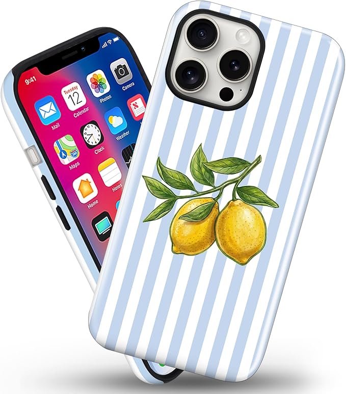 Magnetic for iPhone 15 Case Cute Lemon Stripes Phone Case, Shockproof Slim TPU and Hard PC Protective Phone Cover Compatible with MagSafe Designed for Women Girls, Blue