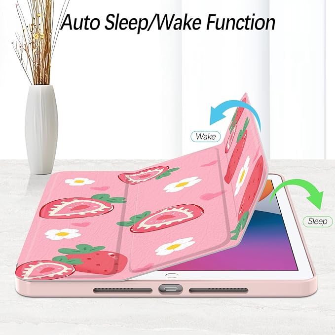 Case for iPad 9th / 8th / 7th Generation (2021/2020/2019) 10.2 inch, Case with Pencil Holder, Stand Clear Back Cover Cute Cool Design for Women Girls, Auto Sleep/Wake, Strawberry