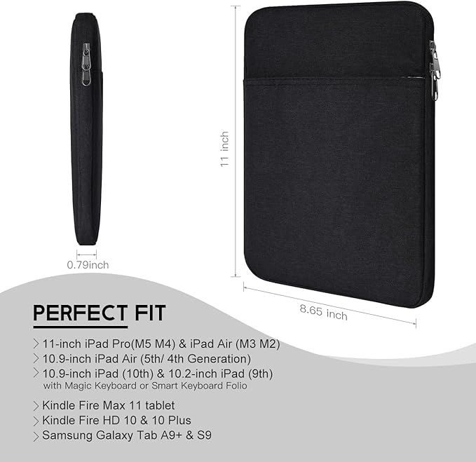 10 inch Tablet Sleeve Case for 11-in iPad Pro M4, iPad Air M2 M3(2025) M4(2026), A16,10.2" 10.9" 10.5 inch Pro/Air, Fire Max 11/Kindle Fire HD 10, Galaxy Tab A9+ Bag,Fit Magic Keyboard
