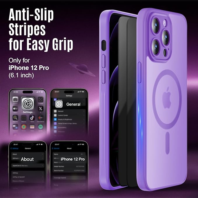 Symcele Designed for iPhone 12 Pro Case, Compatible with MagSafe, with Privacy Screen Protectors X2, [Camera Protection] [15FT Military Drop Protection] Shockproof Phone Case, 6.1", Light Purple