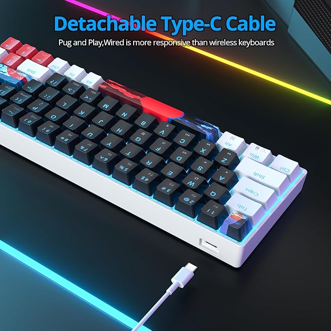 Protable 60% Percent Gaming Keyboard Mechanical, Mini Compact Ice-Blue LED Backlit 68 Keys Wired Office Keyboard with Red Switch for Mac/Win/PS4/PS5(68Black/red Switch)