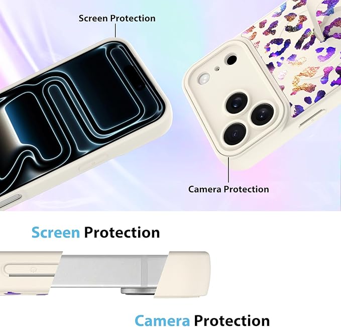 KANGHAR Compatible with iPhone 17 Pro Max Case, Support for MagSafe, Silicone Cute Iridescent Leopard Cheetah Pattern, Wristband Kickstand Shockproof Protective Slim Cover for Women Girls, White