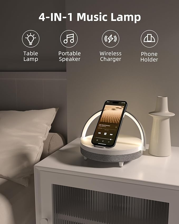 EZVALO Gifts for Mom, 4-in-1 Bedside Lamp with Bluetooth Speaker, Dimmable Night Light, Charging Station and Phone Holder, Birthday Gifts for Women, Teens, Wife and Friends