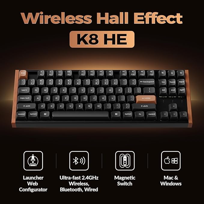 Keychron K8 HE TKL Hall Effect Wireless Mechanical Keyboard, Magnetic Hot-Swappable Switches, Rapid Trigger, QMK/VIA, RGB, 2.4GHz/Bluetooth 5.2/Wired, Aluminum & Wood Frame, Mac Windows Linux – Black