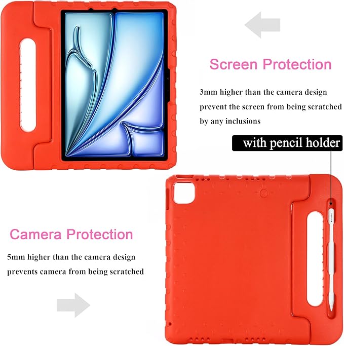 Kids Case for iPad Air 11-inch M3/M2 & iPad Pro 11 inch Case M5/M4 (2025/2024) with Pencil Holder/Kickstand Lightweight Convertible Handle Stand EVA Shockproof Rugged Protective Cover, Black