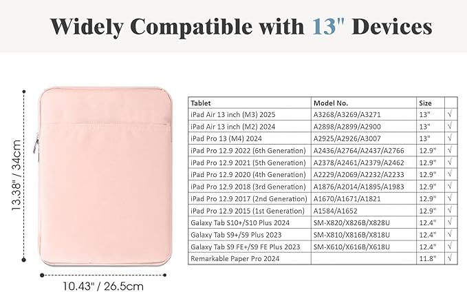 TiMOVO 13 Inch Tablet Sleeve for iPad Air 13" M3 2025, iPad Pro 13"/12.9", Galaxy Tab S9 Plus/S10+/S9 FE+, Remarkable Paper Pro 11.8", Protective Pocket Bag, Pink