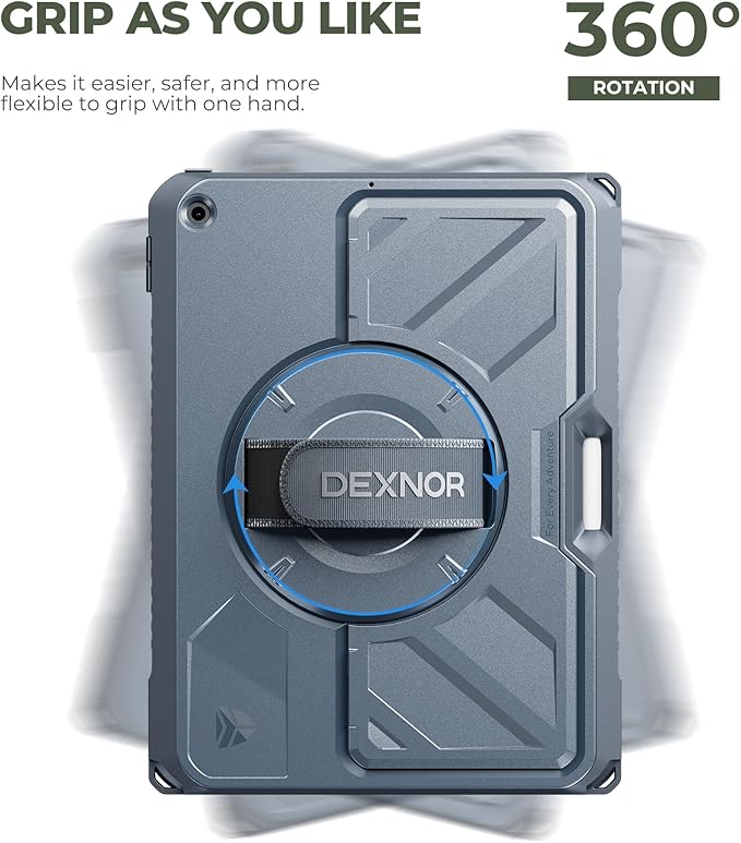 Dexnor Case for iPad 9th/8th/7th Generation 10.2 inch, Rugged Protective Case with 360° Rotating Hand Strap & Large Stand & Screen Protector & Pencil Holder Shockproof Full-Body Bumper Cover, Blue