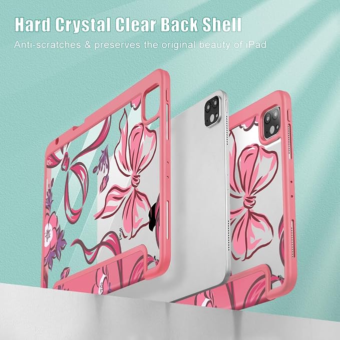 Mektron Case for iPad Pro 11 inch (4th, 3rd, 2nd & 1st Gen) 2022 2021 2020 2018, Buit in Pencil Holder with Shockproof Cover Clear Shell + Auto Wake/Sleep, Flowers-Bows-Red