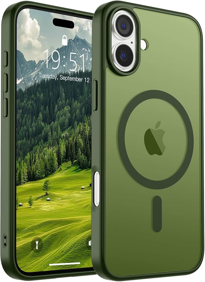 SUPFINE Magnetic for iPhone 16 Plus Case (Compatible with MagSafe) (Military Grade Drop Protection) Slim Translucent Matte Shockproof with Anti-Fingerprint Phone Case,Cangling Green