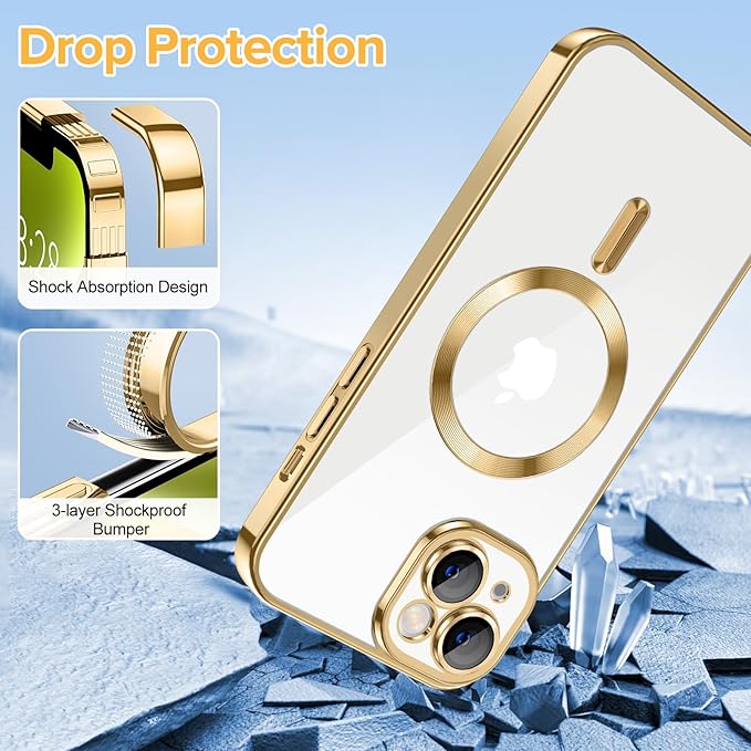 Hython Magnetic Clear for iPhone 14 Plus Case with Camera Lens Protector [Compatible with MagSafe] Luxury Plating Edge Slim Soft TPU Cover Protective Phone Case for iPhone 14 Plus 6.7", Gold