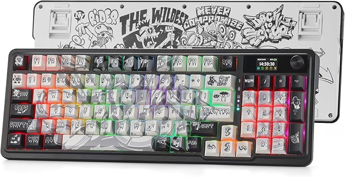 Redragon K719 PRO Wireless Gasket Gaming Keyboard w/Hype Screen & Knob, 95 Keys Mechanical Keyboard, Easy-Control 1.14’’ TFT Info Display, 5-Layer Noise Dampening, Street Graffiti Dye-Sub PBT Keycaps