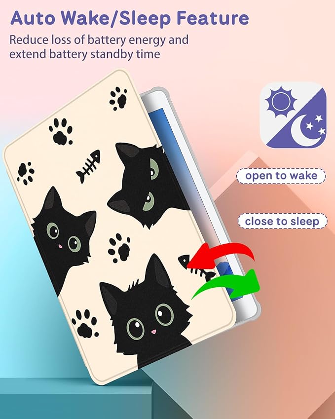 Uppuppy for iPad 5th/6th Generation Case for iPad Air 1st/Air 2nd/Pro 9.7 inch 2016 Case - 360 Degree Rotating Stand Folio Smart Cover with Pencil Holder for Women Girls, Black Cats for Apple Tablet