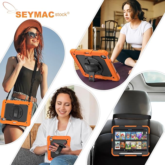 SEYMAC stock Case for iPad Air 11-inch M4-M2 2026-2024 (Gen 8-6), Shockproof Heavy Duty Case with Screen Protector, Pencil Holder, Rotating Stand, Hand Strap, Shoulder Strap, Orange