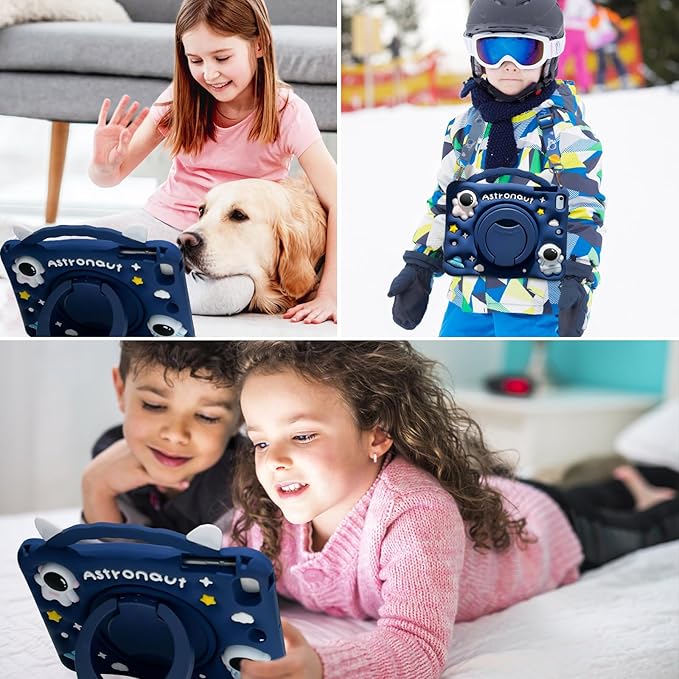 Cute Case for Apple iPad 9th 8th 7th Generation 10.2 Inch 2021/2020/2019 Model, EVA Kickstand Heavy Duty Shockproof Kids Friendly Bumper Case with Shoulder Strap Cover for iPad 10.2", Blue Spaceman