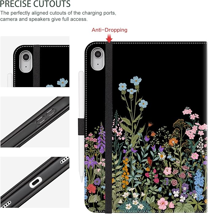 for iPad (A16) 11Th/10Th Generation Case 2025/2022, for iPad Case 11Th/10Th Generation, 10Th/11Th Gen iPadCase Cover Pencil Holder/Hand Strap/Pocket/Adjustable Stand, Black Flower Floral