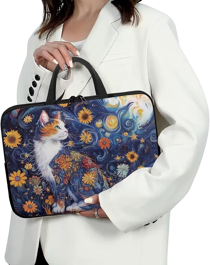 Starry Night Laptop Sleeve 17 Inch Laptop Protective Case Cute Cat Floral Computer Sleeve Neoprene Protective for 10-17 Inch Computer, Notebook, Chromebook, Tablet Bag