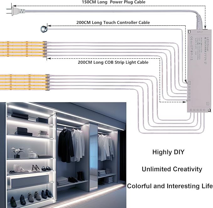 BENLUN 12V COB LED Under Cabinet Strip Lighting Kit 32.8ft, 6000K Cool White Cuttable LED Tape Lights 8W/M CRI 93 320LEDs/M with Dimmer and Power Supply for Kitchen Bookcase Shelf Display