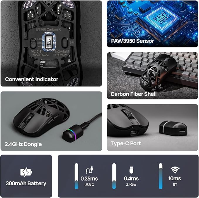 EPOMAKER Carbon X Wireless Gaming Mouse, 400 to 30,000 DPI Adjustable, PAW3950 Sensor, 50g Lightweight, Carbon Fiber Shell, 2.4G/BT/USB-C Rechargeable Wireless Mouse for PC/Mac/Linux (Classic Black)