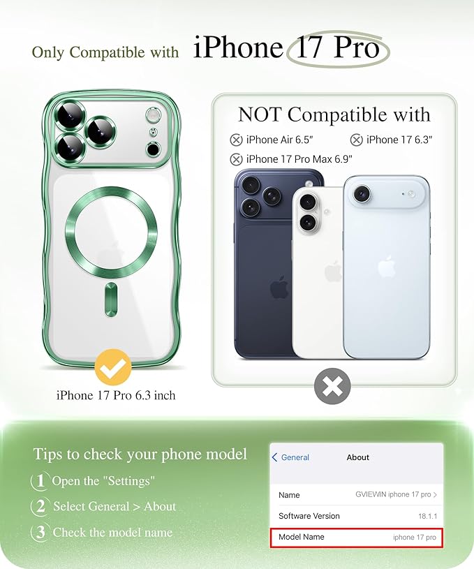 GVIEWIN for iPhone 17 Pro Case Compatible with MagSafe, Upgraded [Full Camera Protection][Cute Wave Frame][Military Grade Protection] Electroplated Hard Phone Cover for Women Girl, Clear/Green