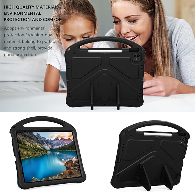 YRH Kids Case for iPad Air 13-in. M4/M3/M2 (2026/2025/2024), for iPad Pro 13-in. M5/M4 (2026/2024), with Strap Handle Stand, Black