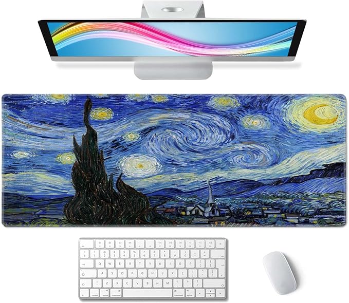Gaming Mouse Pad, Large Non-Slip Rubber Base Mousepad, Keyboard Mouse Mat, Desk Pad with Stitched Edges, 31.5x11.8inch, Vincent Van Gogh - The Starry Night