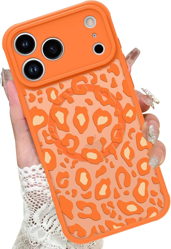 KANGHAR Case Compatible with iPhone 17 Pro Orange Leopard Printed Pattern [Compatible with Magsafe] Cute Cheetah Protective Magnetic Case for Girls Women 6.3"