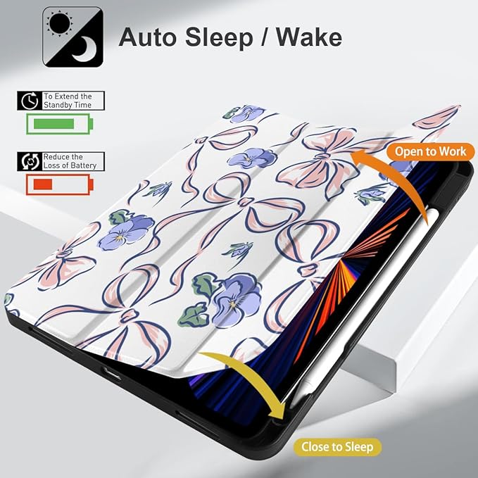 DONGKE Case for 2022/2021/2020/2018 iPad Pro 11 inch Gen 4/3/2/1 - Slim Protective Case - Built in Pencil Holder Support Charging - Trifold Stand & Sleep/Wake Cover- Pansies Flower