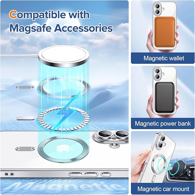 Hython Magnetic Clear for iPhone 16 Plus Case with Camera Lens Protector [Compatible with MagSafe] Luxury Plating Edge Slim Soft TPU Cover Protective Phone Case for iPhone 16 Plus 6.7", Silver