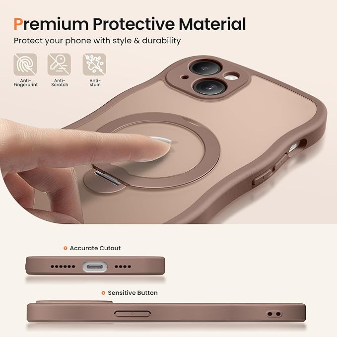 CAPRARO for iPhone 15 Plus Case with 360° Spin Magnetic Stand for Women, [Compatible with MagSafe] [Full Camera Protection] Cute Wave Translucent Matte Case for iPhone 15 Plus, Brown