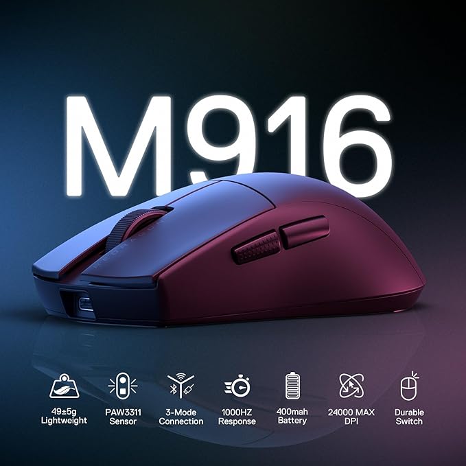 Redragon M916 STD 3-Mode Wireless Gaming Mouse, 49G Ultra-Light 24K DPI Mice w/Ergonomic Natural Grip Build, Full Programmable Buttons, Software Supports DIY Keybinds & DPI